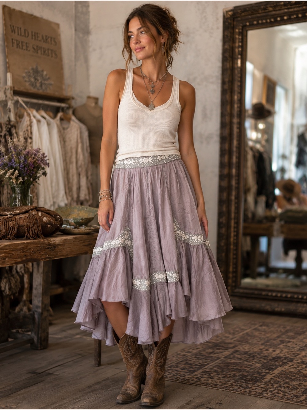 Romantic Lavender High-Low Boho Skirt with Lace Trim by Somi - Picture 1 of 6